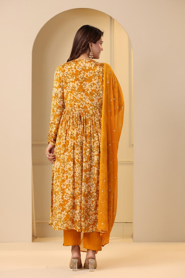 Yellow Floral Handworked Alia-Cut Anarkali Kurta Suit Set