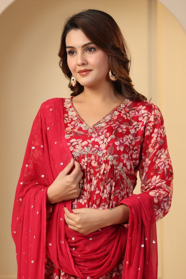 Red Floral Handwork Alia cut Anarkali Suit Set