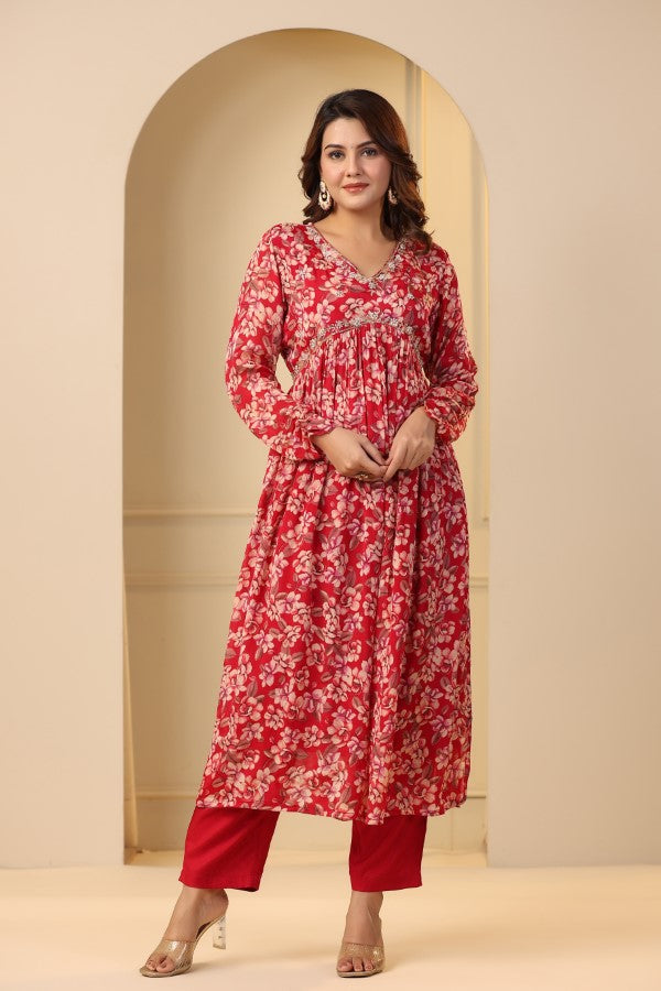 Red Floral Handwork Alia cut Anarkali Suit Set