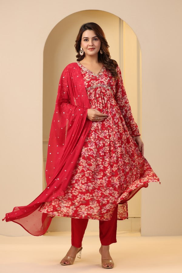 Red Floral Handwork Alia cut Anarkali Suit Set