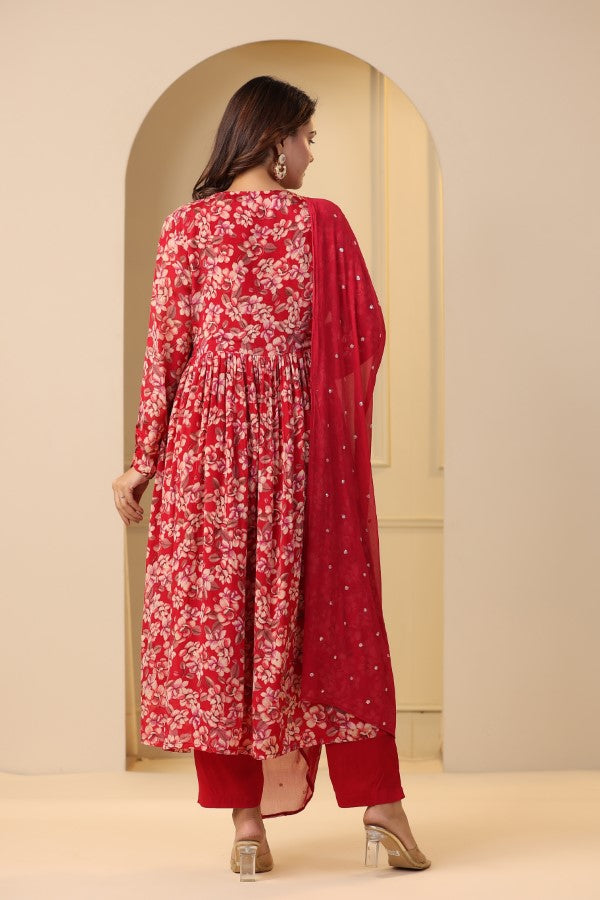 Red Floral Handwork Alia cut Anarkali Suit Set