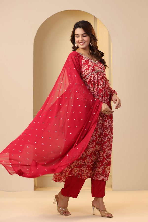 Red Floral Handwork Alia cut Anarkali Suit Set
