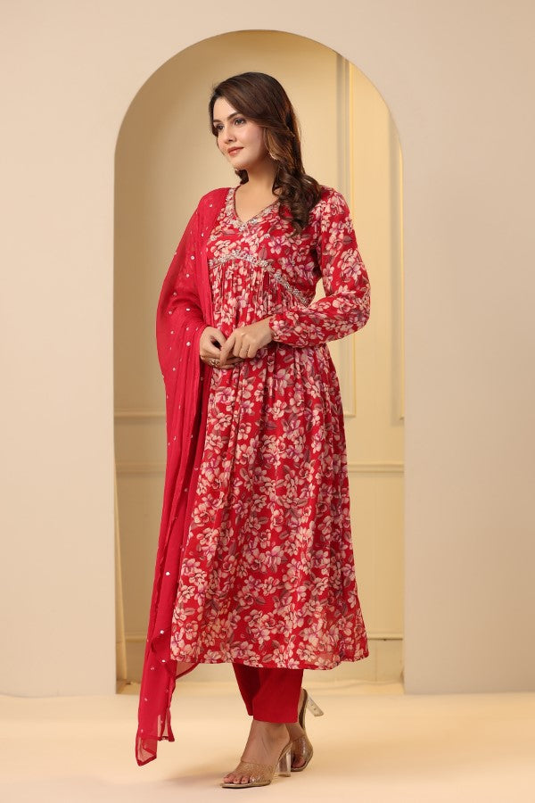 Red Floral Handwork Alia cut Anarkali Suit Set
