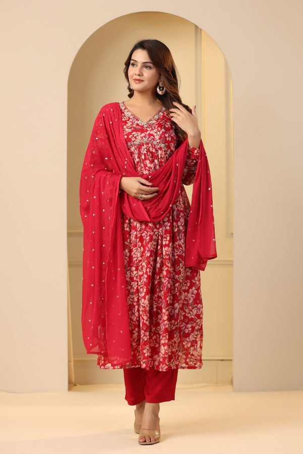 Red Floral Handwork Alia cut Anarkali Suit Set