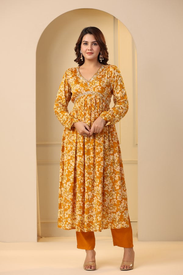 Yellow Floral Handworked Alia-Cut Anarkali Kurta Suit Set