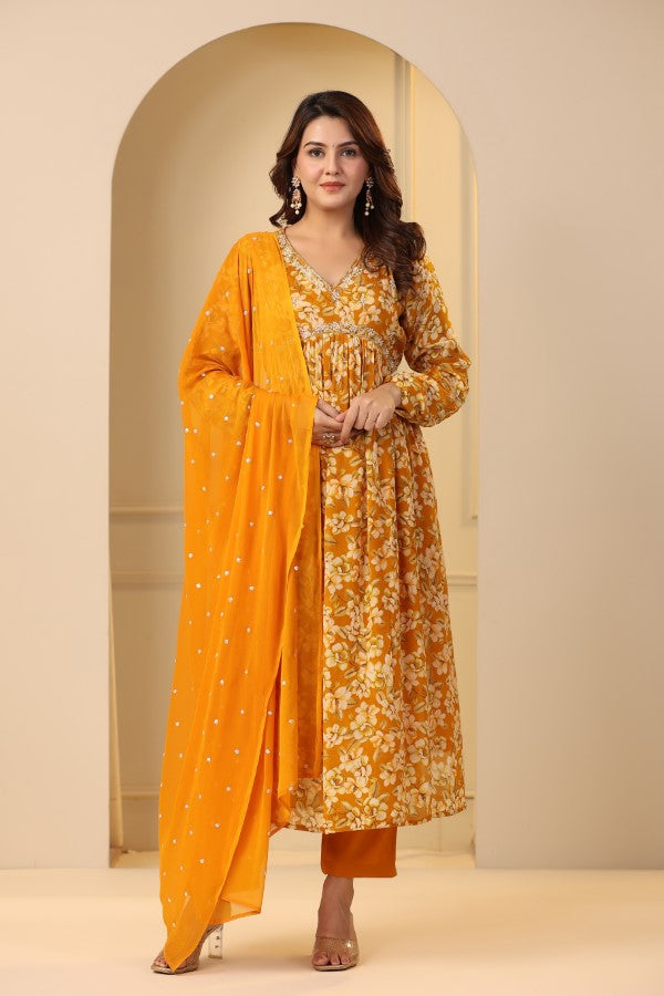 Yellow Floral Handworked Alia-Cut Anarkali Kurta Suit Set