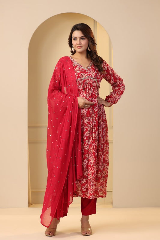 Red Floral Handwork Alia cut Anarkali Suit Set