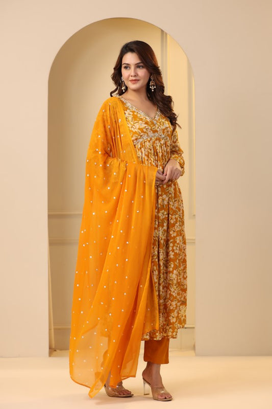 Yellow Floral Handworked Alia-Cut Anarkali Kurta Suit Set
