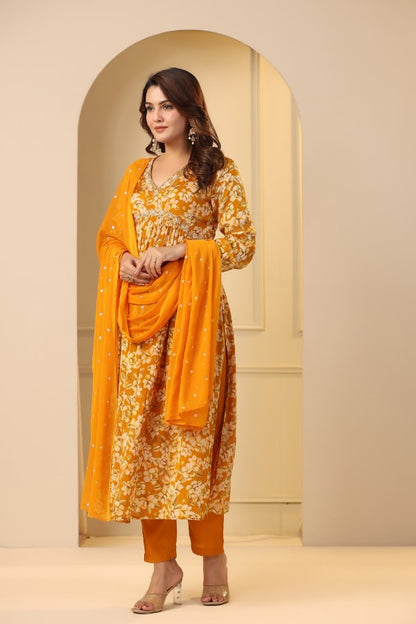 Yellow Floral Handworked Alia-Cut Anarkali Kurta Suit Set