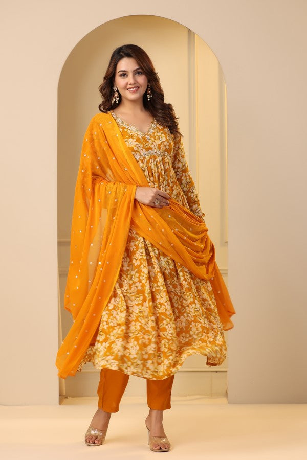 Yellow Floral Handworked Alia-Cut Anarkali Kurta Suit Set