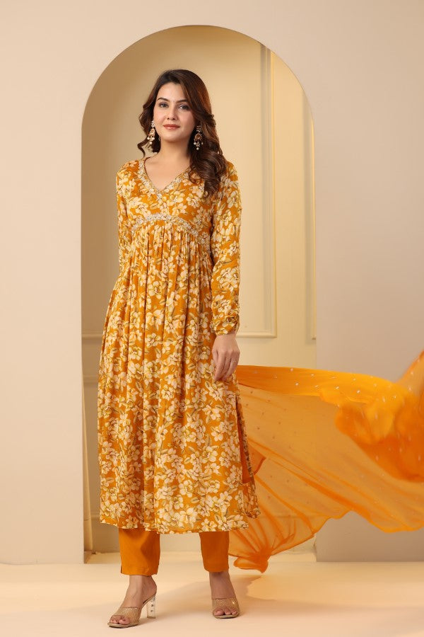 Yellow Floral Handworked Alia-Cut Anarkali Kurta Suit Set