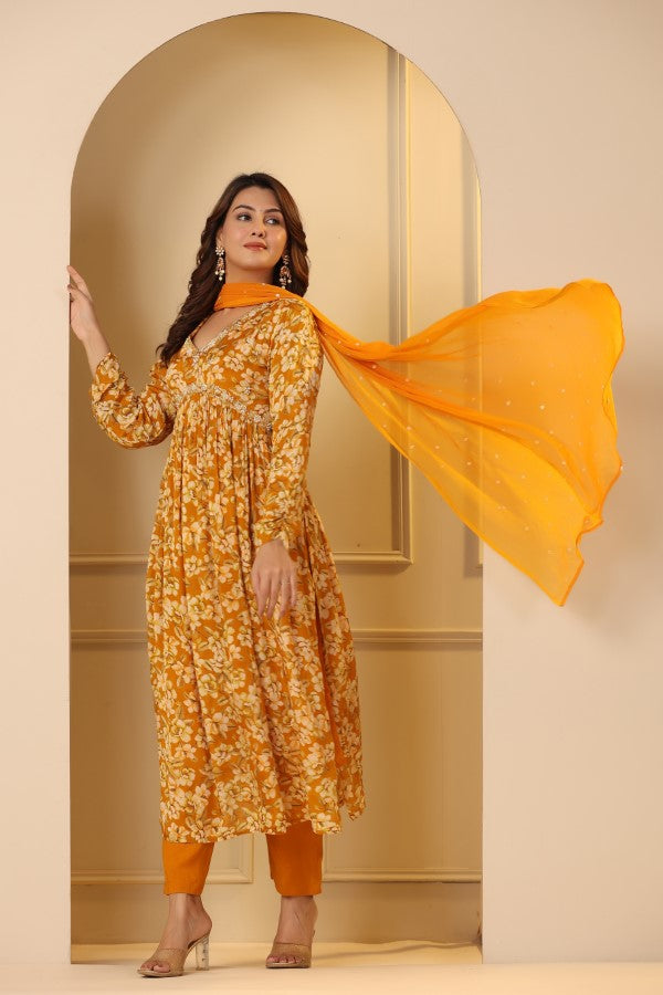 Yellow Floral Handworked Alia-Cut Anarkali Kurta Suit Set