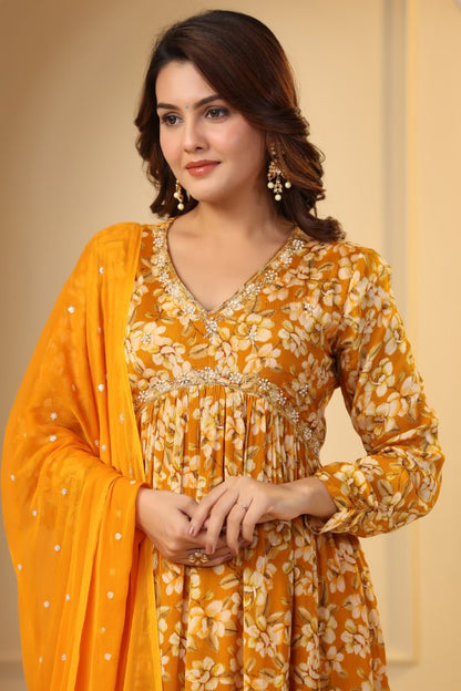 Yellow Floral Handworked Alia-Cut Anarkali Kurta Suit Set