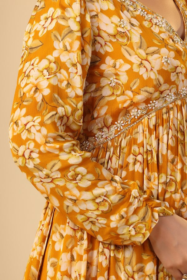 Yellow Floral Handworked Alia-Cut Anarkali Kurta Suit Set