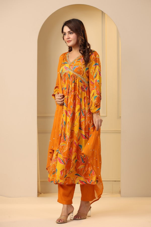 Yellow Floral Handworked Alia-Cut Anarkali Kurta Suit Set