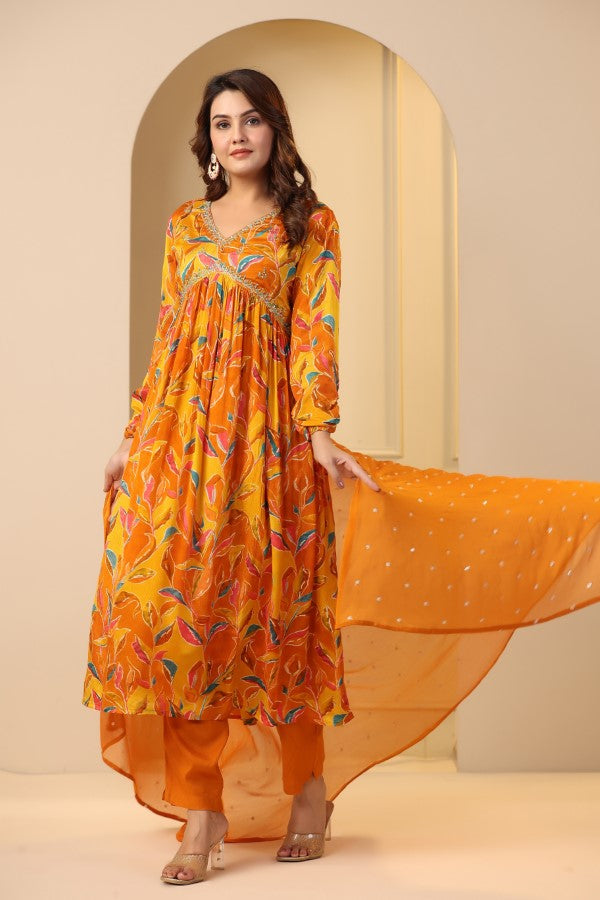 Yellow Floral Handworked Alia-Cut Anarkali Kurta Suit Set