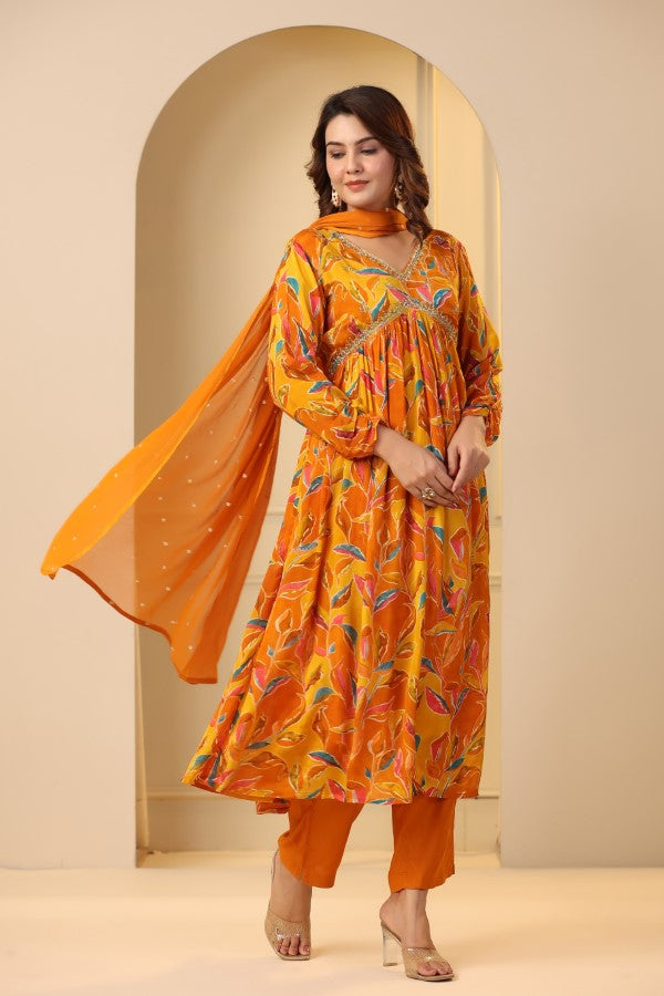 Yellow Floral Handworked Alia-Cut Anarkali Kurta Suit Set