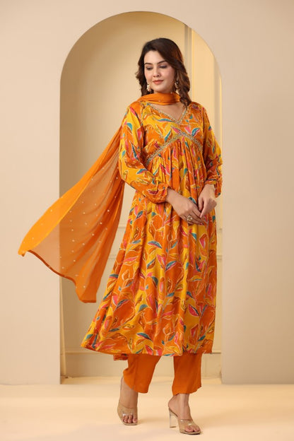 Yellow Floral Handworked Alia-Cut Anarkali Kurta Suit Set