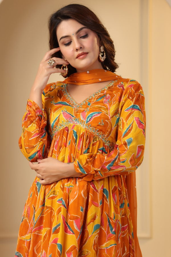 Yellow Floral Handworked Alia-Cut Anarkali Kurta Suit Set