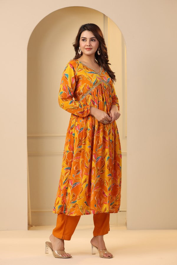 Yellow Floral Handworked Alia-Cut Anarkali Kurta Suit Set