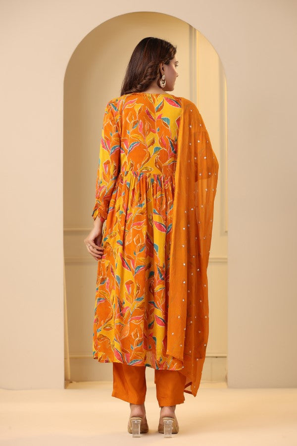 Yellow Floral Handworked Alia-Cut Anarkali Kurta Suit Set