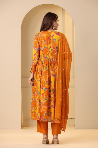 Yellow Floral Handworked Alia-Cut Anarkali Kurta Suit Set