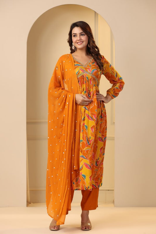 Yellow Floral Handworked Alia-Cut Anarkali Kurta Suit Set