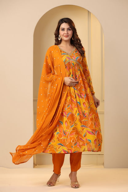 Yellow Floral Handworked Alia-Cut Anarkali Kurta Suit Set