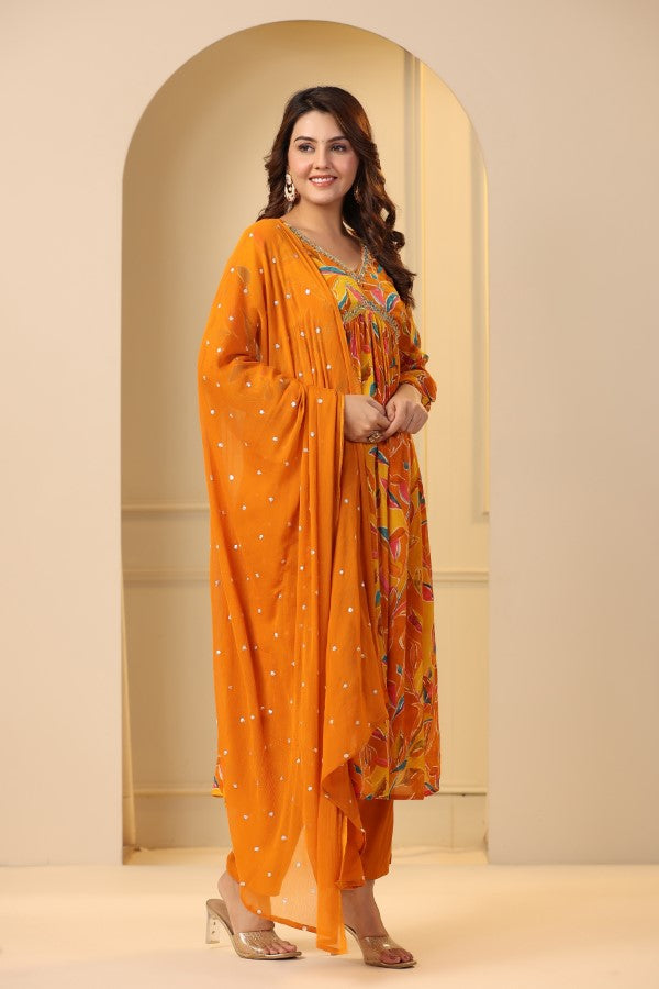 Yellow Floral Handworked Alia-Cut Anarkali Kurta Suit Set