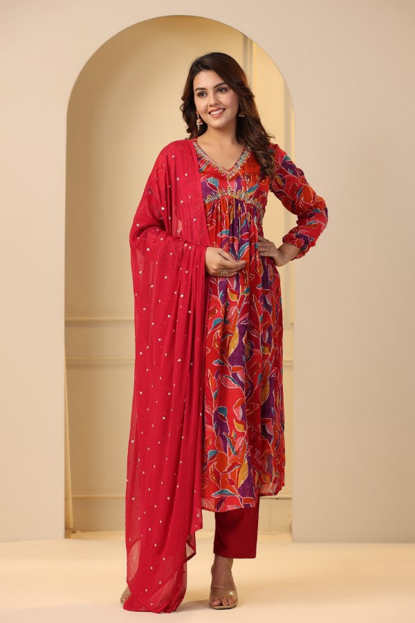 Red Floral print Alia cut suit set