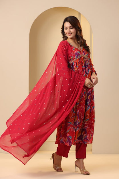 Red Floral print Alia cut suit set
