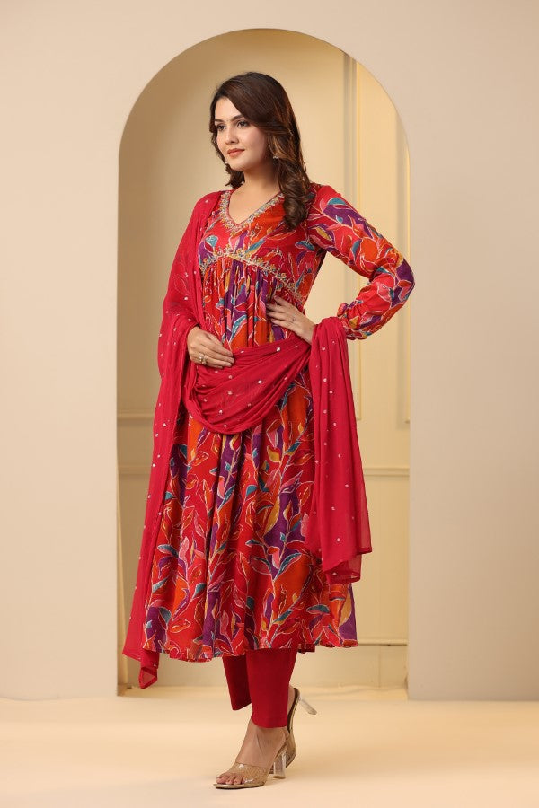 Red Floral print Alia cut suit set