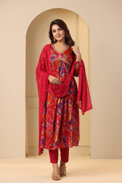 Red Floral print Alia cut suit set