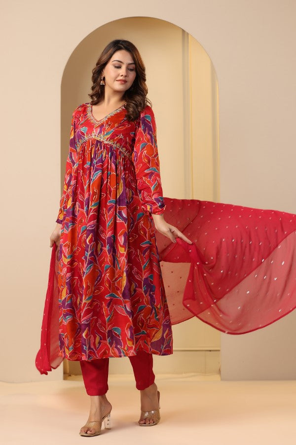 Red Floral print Alia cut suit set