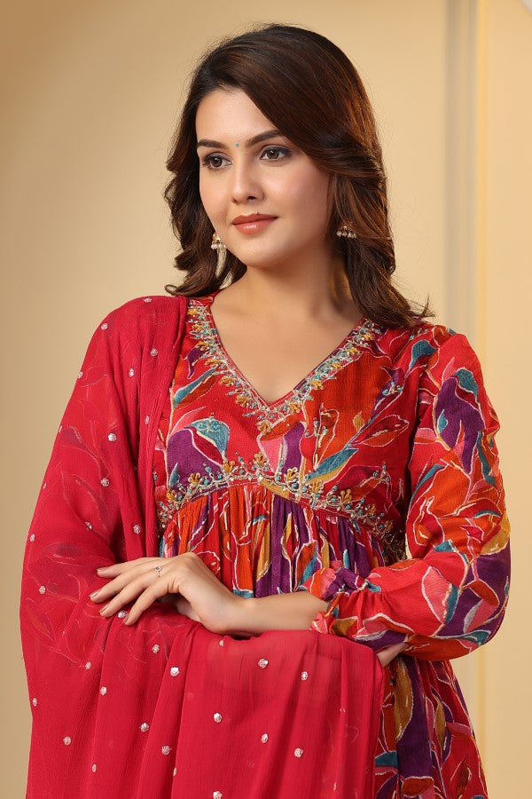 Red Floral print Alia cut suit set