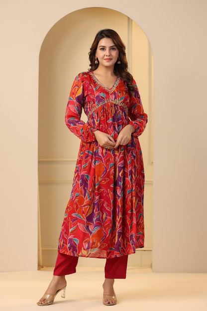 Red Floral print Alia cut suit set