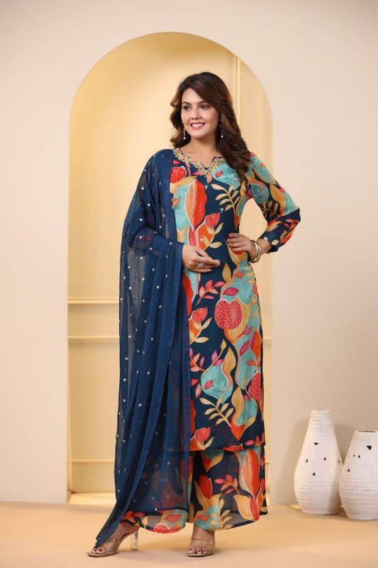 Blue Floral Handworked Straight-Cut Kurta Suit Set