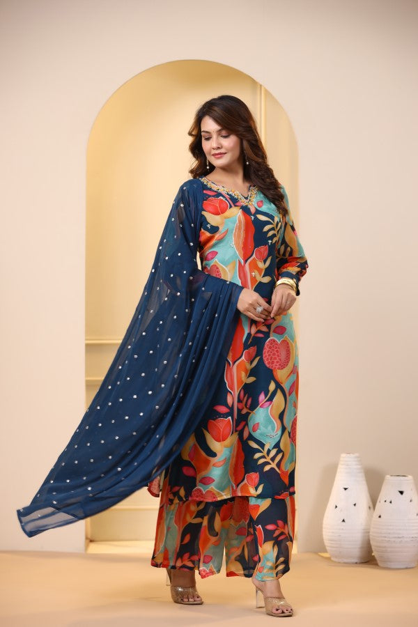 Blue Floral Handworked Straight-Cut Kurta Suit Set