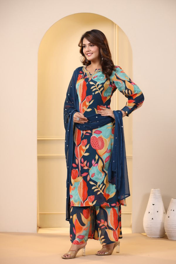 Blue Floral Handworked Straight-Cut Kurta Suit Set