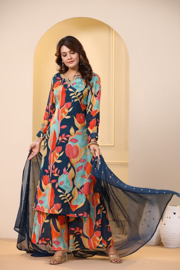 Blue Floral Handworked Straight-Cut Kurta Suit Set