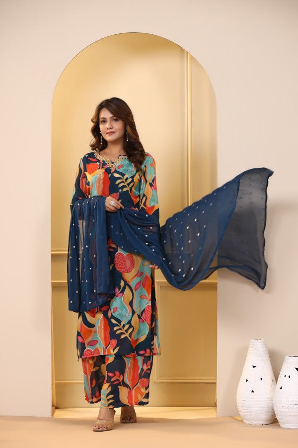 Blue Floral Handworked Straight-Cut Kurta Suit Set