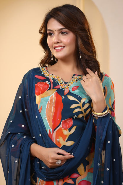 Blue Floral Handworked Straight-Cut Kurta Suit Set