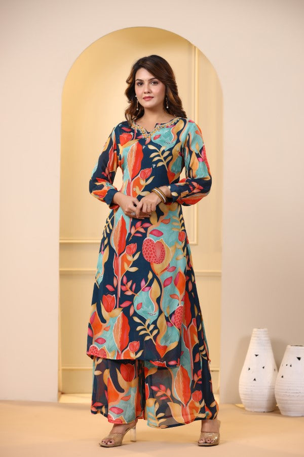 Blue Floral Handworked Straight-Cut Kurta Suit Set