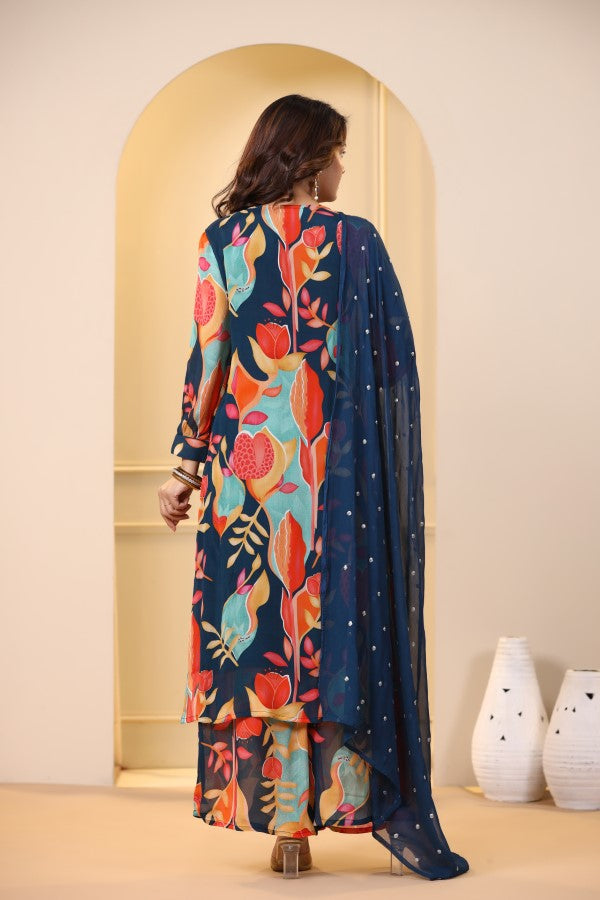 Blue Floral Handworked Straight-Cut Kurta Suit Set