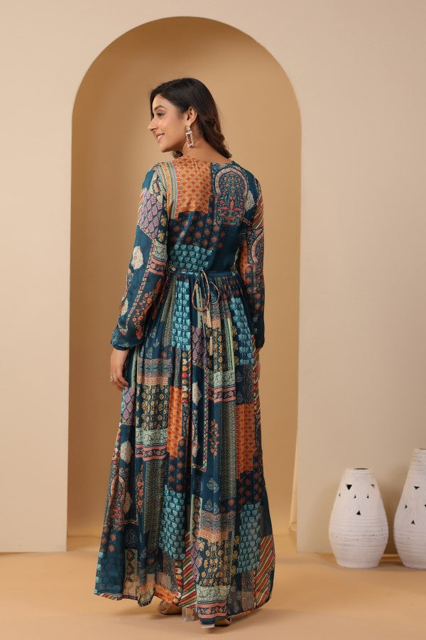 Blue Geometric Print Handworked Flair Gown
