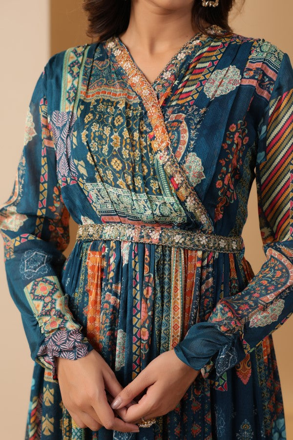 Blue Geometric Print Handworked Flair Gown