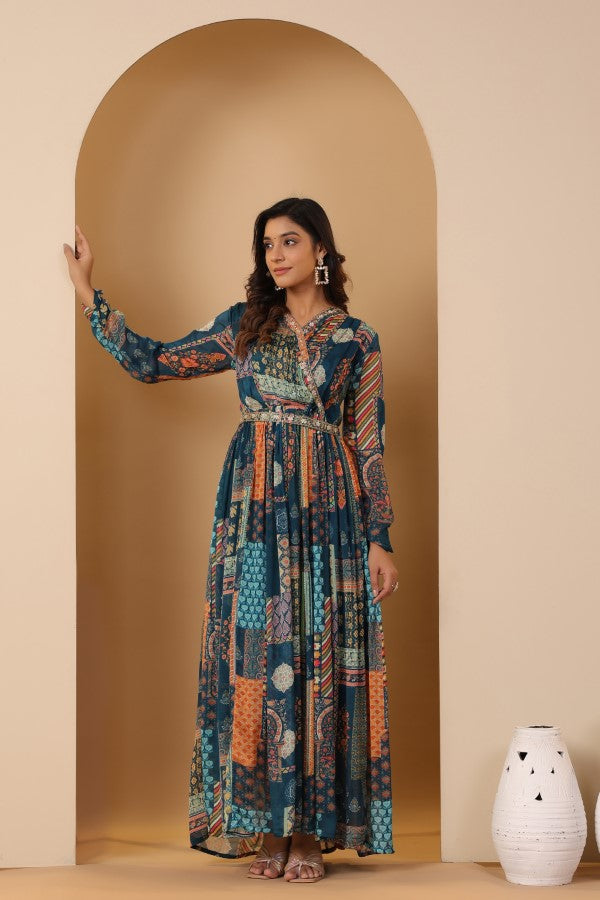 Blue Geometric Print Handworked Flair Gown