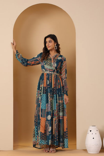 Blue Geometric Print Handworked Flair Gown