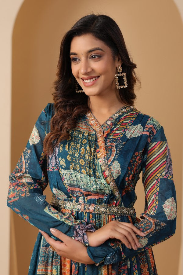 Blue Geometric Print Handworked Flair Gown