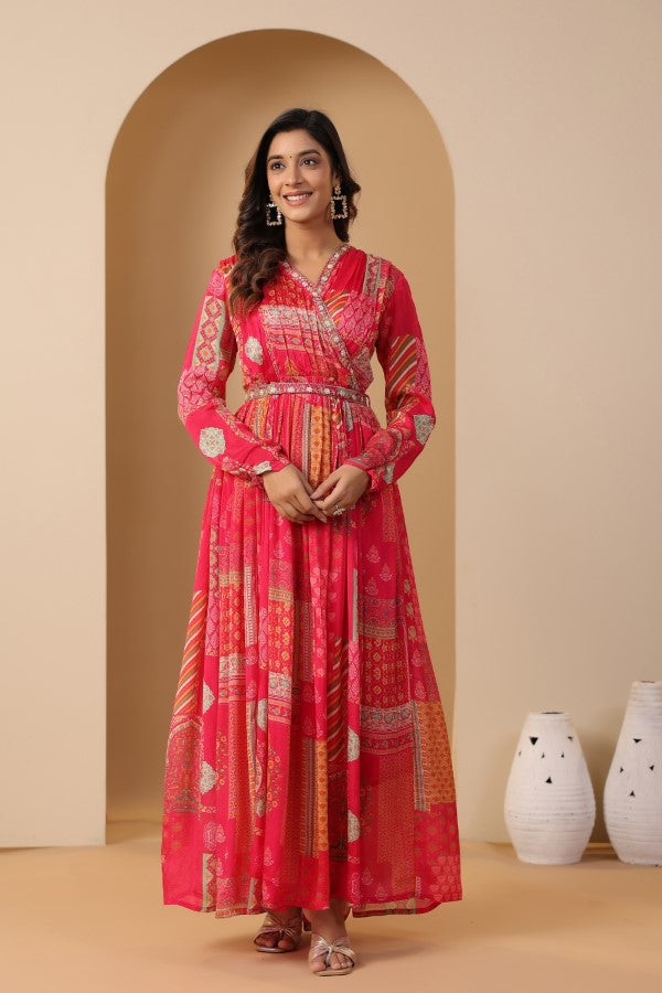 Pink Geometric Print Handworked Flair Gown